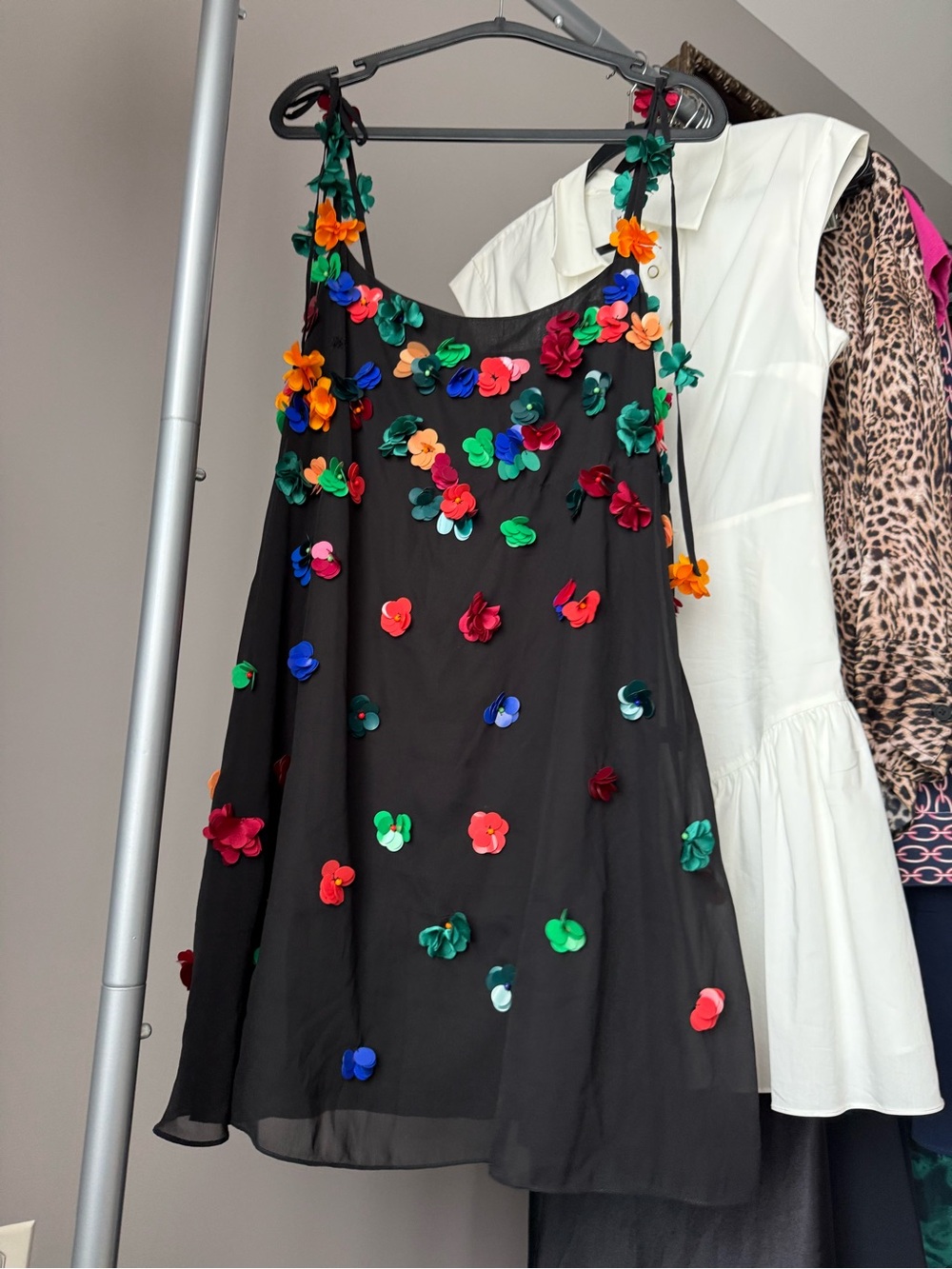 Jewel Badgley Mischka Black Slip Dress with Multicolor Floral Discs